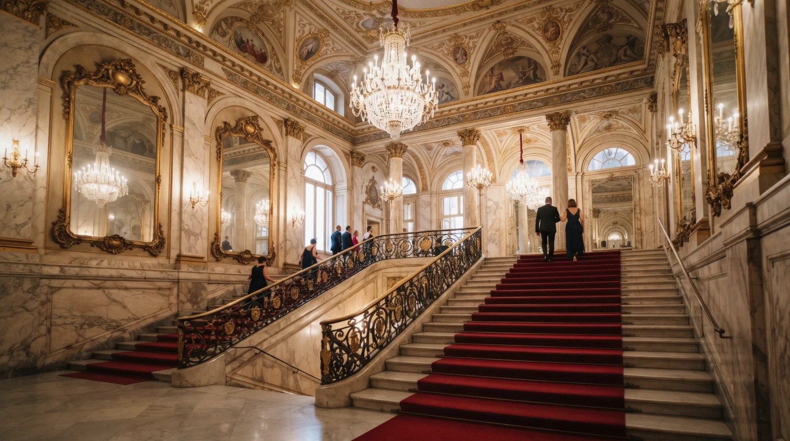 The red-carpeted marble staircase and foyer of a historic Italian opera house before a performance, opera dress code