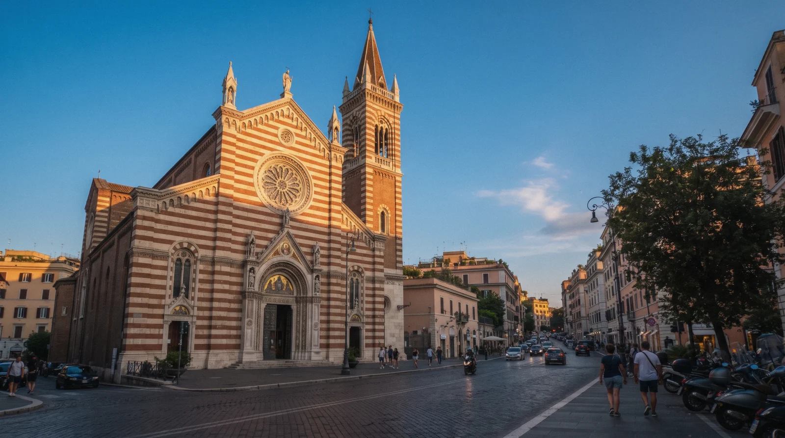 The striped Gothic Revival facade of St Paul's Within the Walls church on Via Nazionale in Rome at 19:00 on a clear summer evening, opera in rome