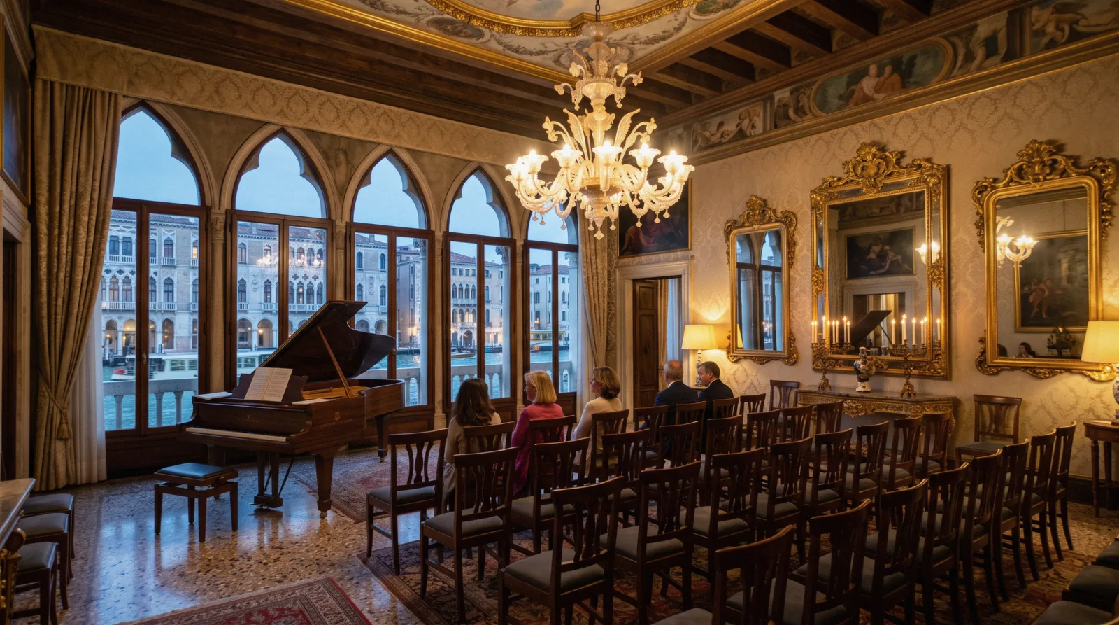A Venetian palazzo drawing room on the Grand Canal set up for a small opera evening, opera in venice