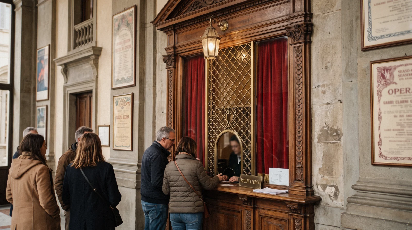 The ticket office window of a historic Italian opera house, opera tickets italy