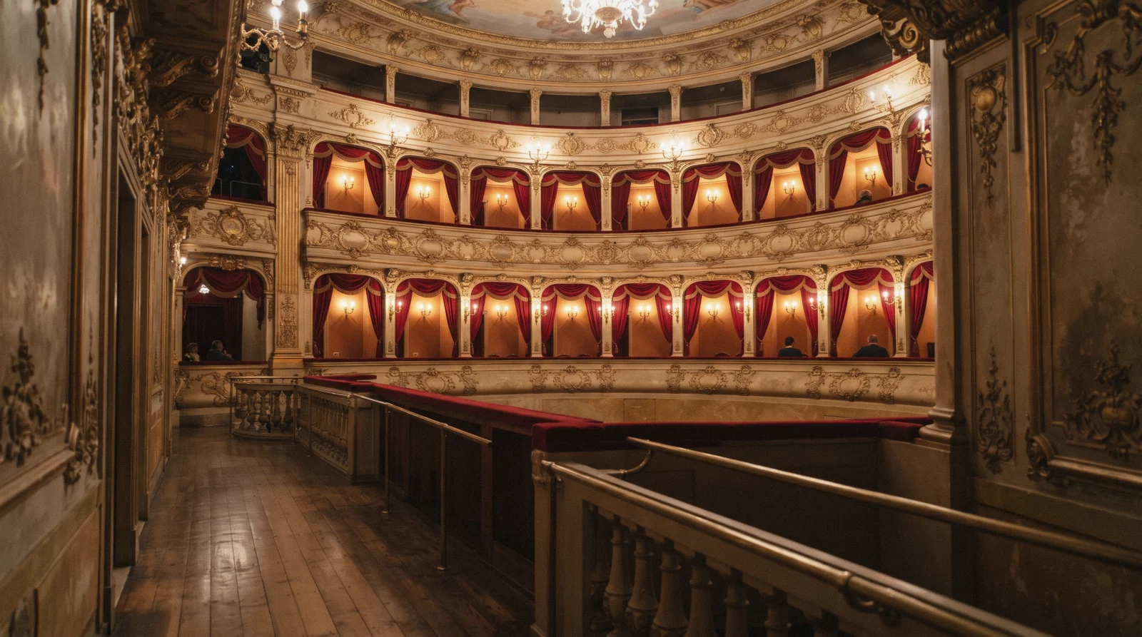 An empty tier of gilded opera boxes in a historic Italian theatre seen from across the hall, opera tours italy