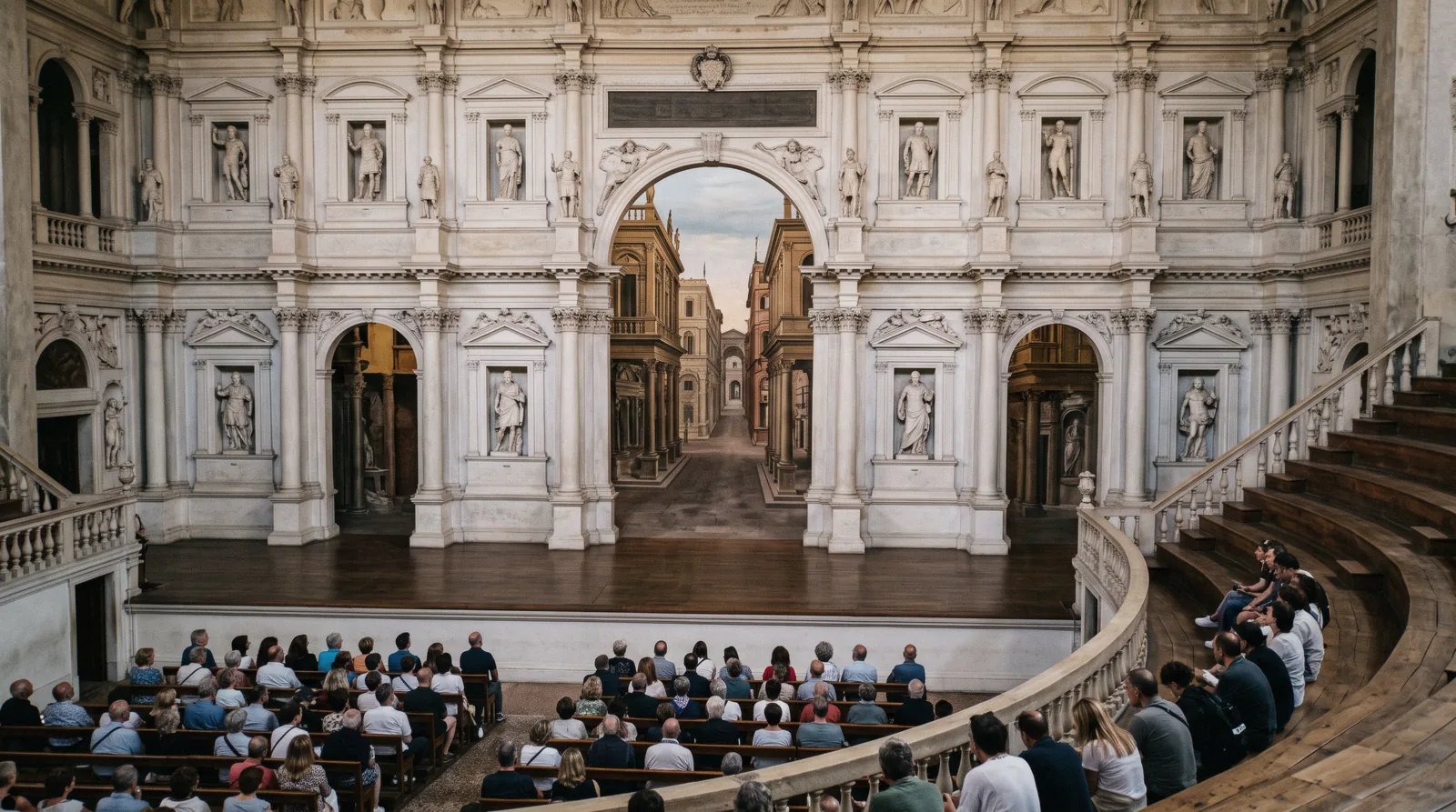 The wooden stage of the Teatro Olimpico, opera houses in Italy