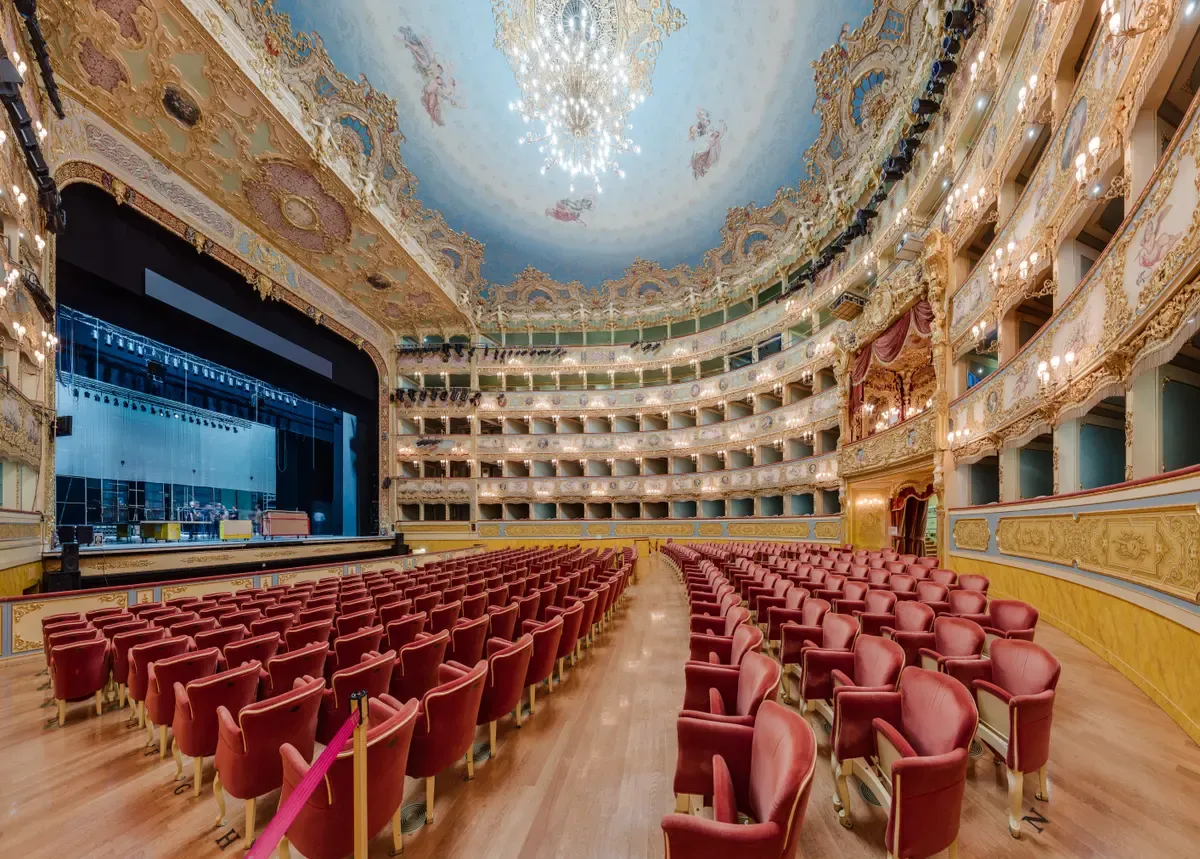The gilded hall of La Fenice set for the New Year concert, La Fenice, opera houses in Italy