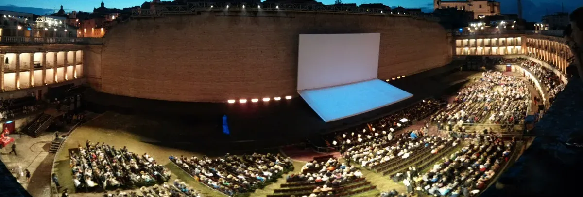 The Sferisterio in Macerata at sunset before Aida, opera festivals in Italy, opera houses in Italy